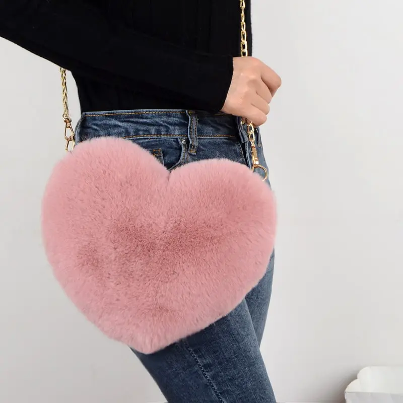 Women Cute Solid Color Heart-shape Plush Shoulder Bag with Chain Strap