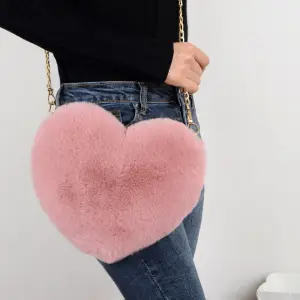 Women Cute Solid Color Heart-shape Plush Shoulder Bag with Chain Strap