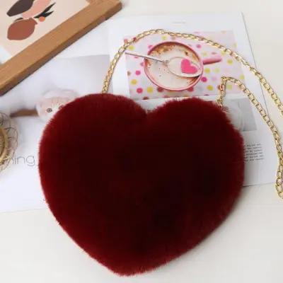 Women Cute Solid Color Heart-shape Plush Shoulder Bag with Chain Strap