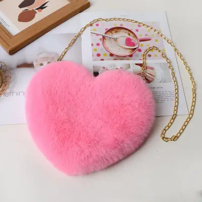 Women Cute Solid Color Heart-shape Plush Shoulder Bag with Chain Strap