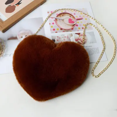 Women Cute Solid Color Heart-shape Plush Shoulder Bag with Chain Strap