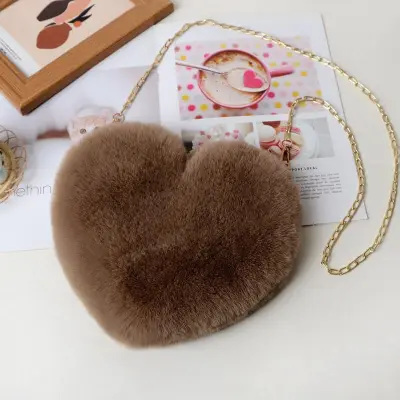 Women Cute Solid Color Heart-shape Plush Shoulder Bag with Chain Strap