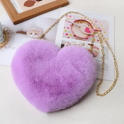 Women Cute Solid Color Heart-shape Plush Shoulder Bag with Chain Strap