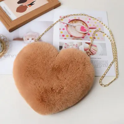 Women Cute Solid Color Heart-shape Plush Shoulder Bag with Chain Strap
