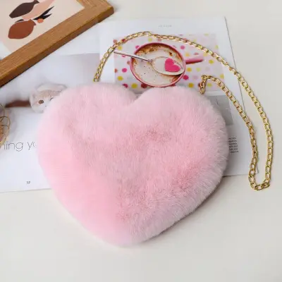 Women Cute Solid Color Heart-shape Plush Shoulder Bag with Chain Strap