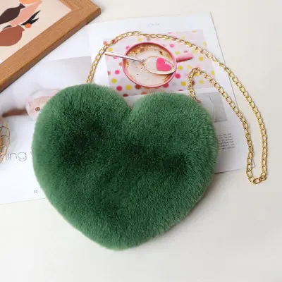 Women Cute Solid Color Heart-shape Plush Shoulder Bag with Chain Strap