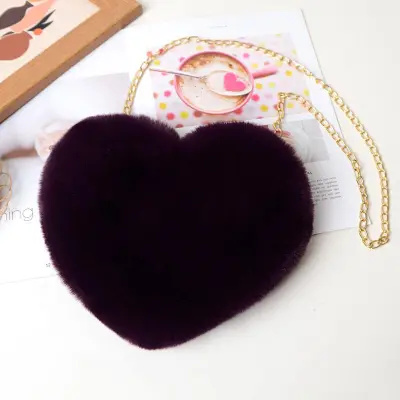 Women Cute Solid Color Heart-shape Plush Shoulder Bag with Chain Strap