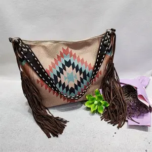 Women Retro Canvas Shoulder Bag with Tassel Decoration