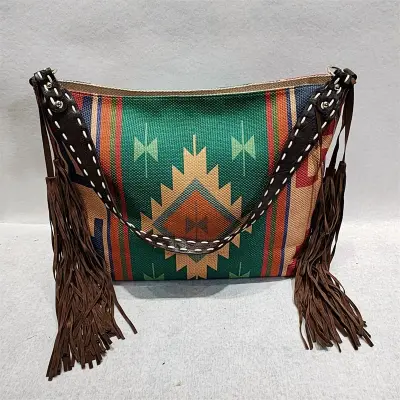 Women Retro Canvas Shoulder Bag with Tassel Decoration