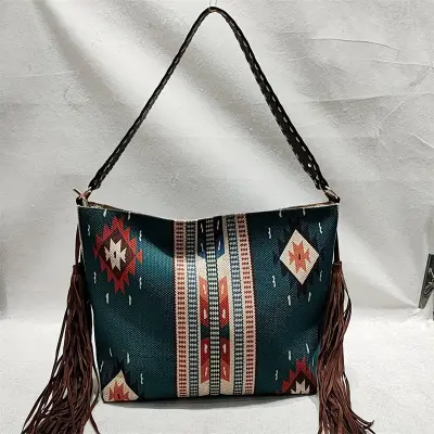 Women Retro Canvas Shoulder Bag with Tassel Decoration