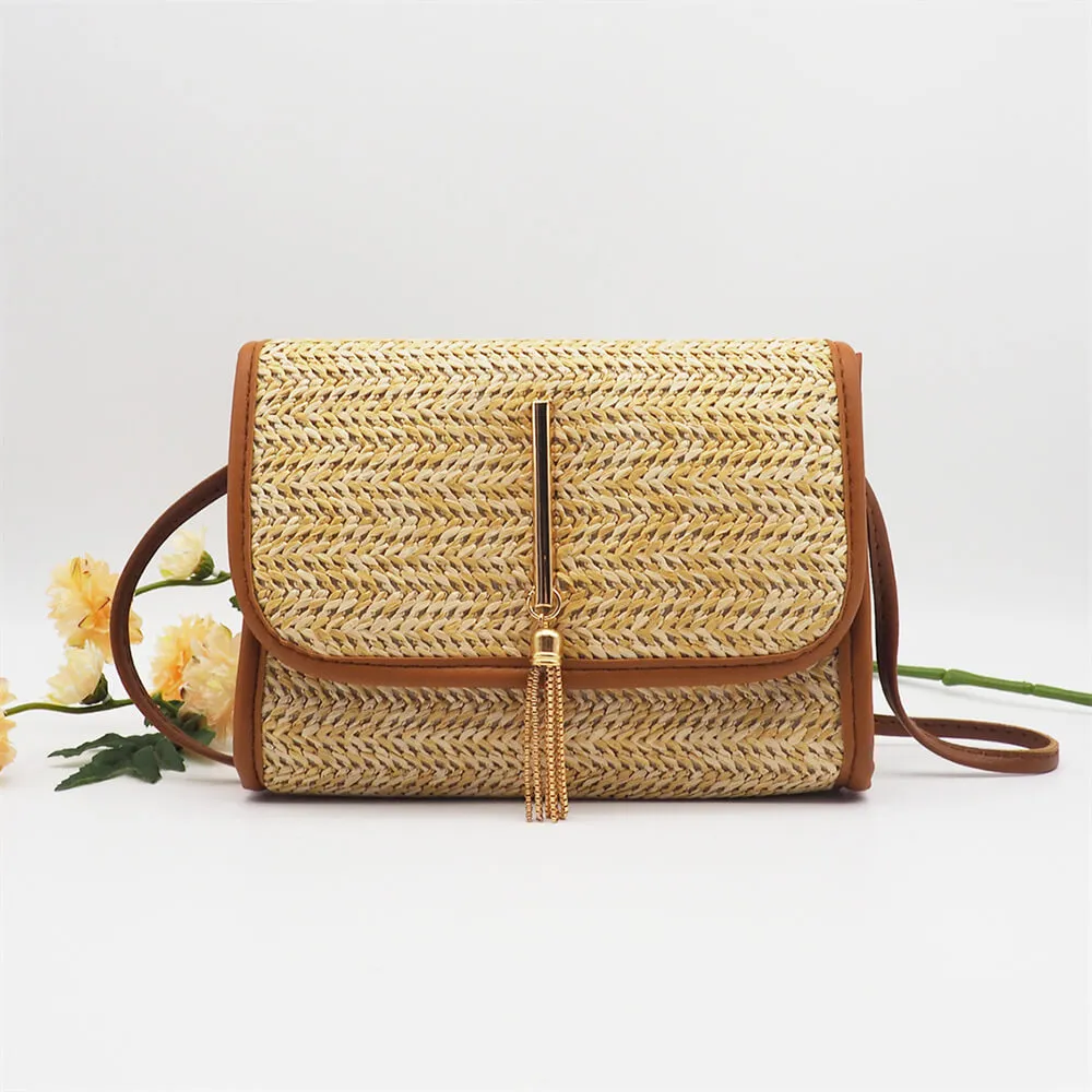 Women Fashion Tassels Decoration Woven Mini Crossbody Bag PU Solid Color Fresh Sweet Style