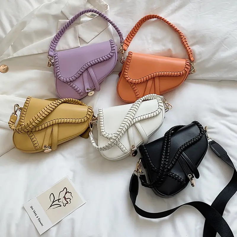 Women Retro Saddle Solid Color PU Crossbody Bag