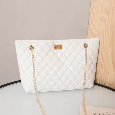 Women Fashion Metal Chain Rhombus Embroidery Thread PU Shoulder Bag Street Style Lock Closure Large