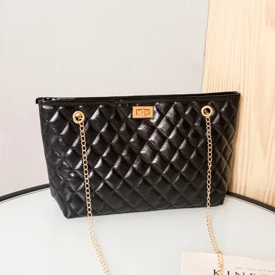 Women Fashion Metal Chain Rhombus Embroidery Thread PU Shoulder Bag Street Style Lock Closure Large