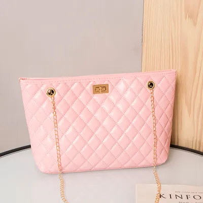Women Fashion Metal Chain Rhombus Embroidery Thread PU Shoulder Bag Street Style Lock Closure Large