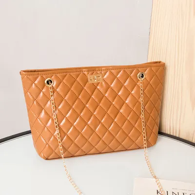 Women Fashion Metal Chain Rhombus Embroidery Thread PU Shoulder Bag Street Style Lock Closure Large