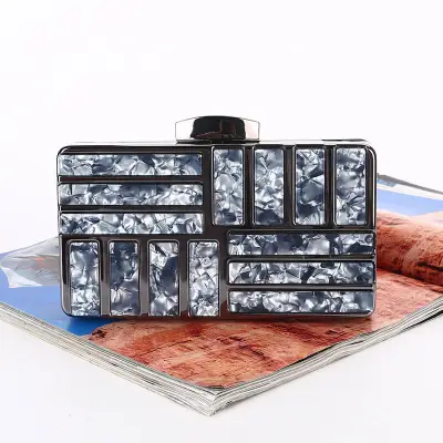 Women Fashion Square Acrylic Decor Evening Bag Colored Satin Lock Clutch