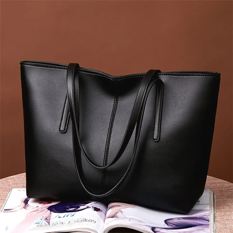 Women Solid Color Large Capacity PU Handle Shoulder Bag