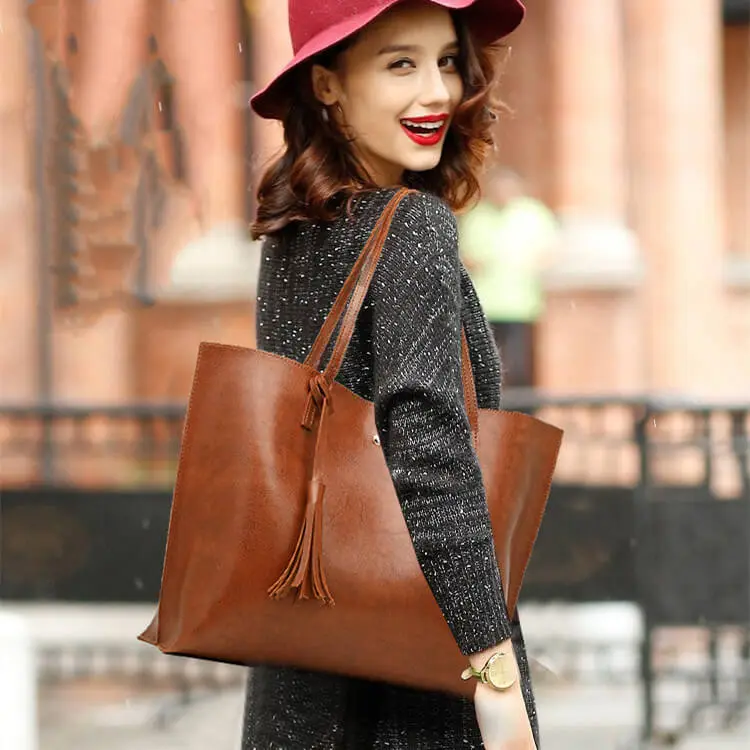 Women Fashion Solid Color Tasseled PU Handle Shoulder Bag with Magnetic Closure