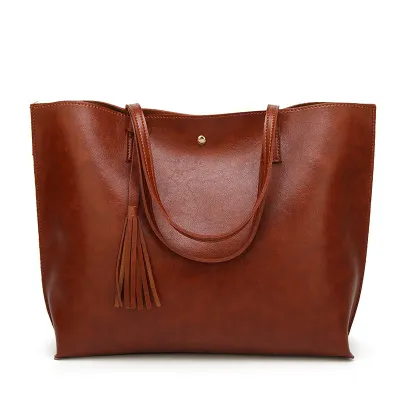 Women Fashion Solid Color Tasseled PU Handle Shoulder Bag with Magnetic Closure