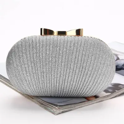 Women Fashion Solid Color Bow Shape Lock Clasp Evening Bag Satin Small Dinner Bag