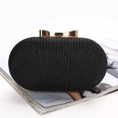 Women Fashion Solid Color Bow Shape Lock Clasp Evening Bag Satin Small Dinner Bag