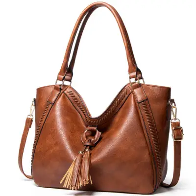 Women's Fashion Solid Color Large Capacity Tassel Bucket Shoulder Bag