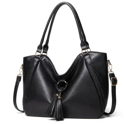 Women's Fashion Solid Color Large Capacity Tassel Bucket Shoulder Bag