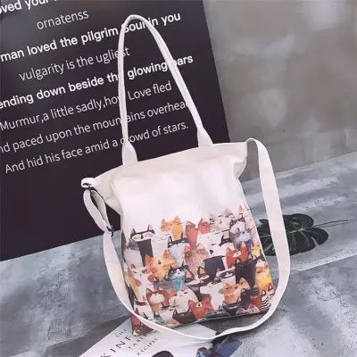 Women Fashion Cartoon Cats Printed Canvas Shoulder Bag Shopping Tote