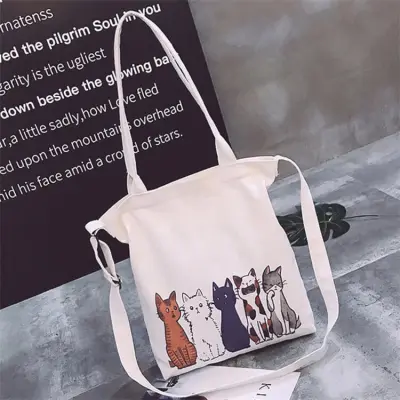 Women Fashion Cartoon Cats Printed Canvas Shoulder Bag Shopping Tote