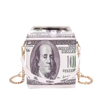 Women Fashion Banknot Print Magnetic Buckle Box Square Shoulder Bag