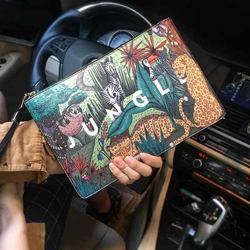 Unisex Fashion Cartoon Animal Graphic Printing PU Leather Square Clutch Bag