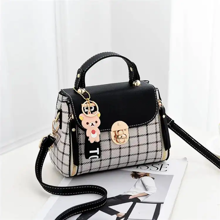 Women Simple Color Blocking Plaid Printed Shoulder Crossbody Bag
