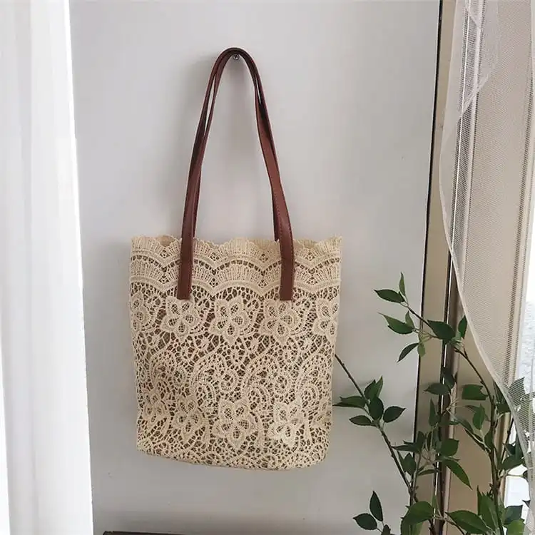 Women's Fashion Solid Color Lace Large Capacity Bucket Shoulder Bag