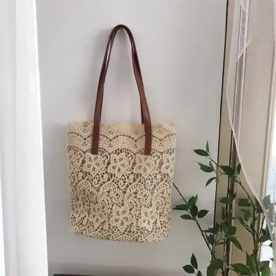 Women's Fashion Solid Color Lace Large Capacity Bucket Shoulder Bag