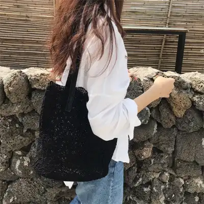 Women's Fashion Solid Color Lace Large Capacity Bucket Shoulder Bag