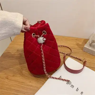 Women Fashion Solid Color Velvet Metal Chain Bucket Mini Bag Crossbody Shoulder Bag