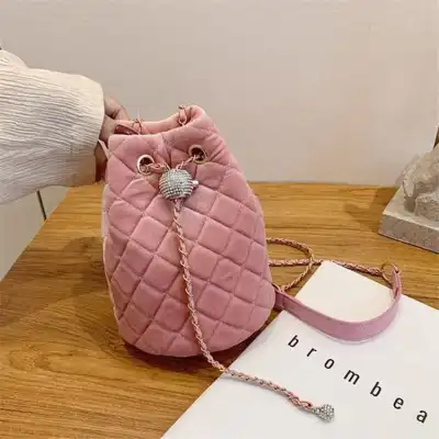 Women Fashion Solid Color Velvet Metal Chain Bucket Mini Bag Crossbody Shoulder Bag