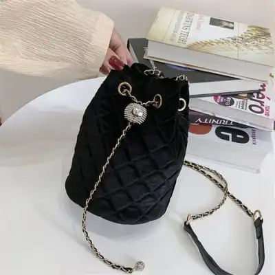 Women Fashion Solid Color Velvet Metal Chain Bucket Mini Bag Crossbody Shoulder Bag