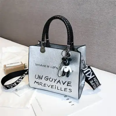 Women Fashion Color Blocking Letter Printed Large Capacity Tote Bag