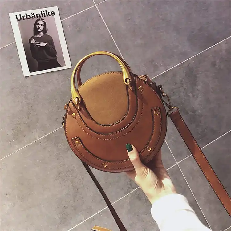 Women Vintage Patchwork Round Crossbody Bag with Zipper Closure