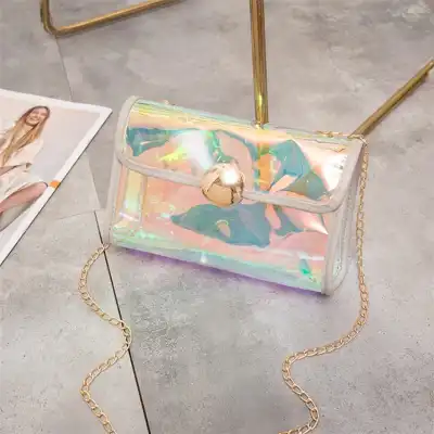 Women Fashion Color Blocking Laser Clear Lock Clasp Crossbody Bag