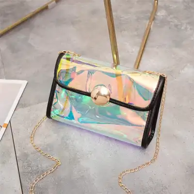 Women Fashion Color Blocking Laser Clear Lock Clasp Crossbody Bag