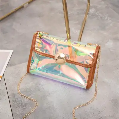 Women Fashion Color Blocking Laser Clear Lock Clasp Crossbody Bag
