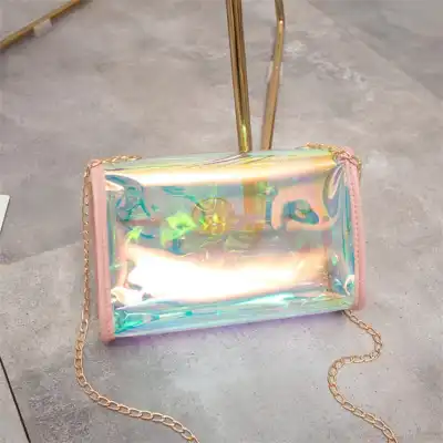 Women Fashion Color Blocking Laser Clear Lock Clasp Crossbody Bag