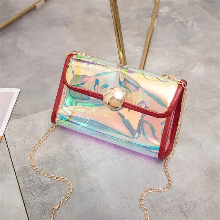 Women Fashion Color Blocking Laser Clear Lock Clasp Crossbody Bag