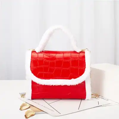 Women Plush Patchwork Crocodile Pattern Chain Crossbody Bag Soft Solid Color