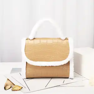 Women Plush Patchwork Crocodile Pattern Chain Crossbody Bag Soft Solid Color
