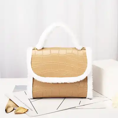 Women Plush Patchwork Crocodile Pattern Chain Crossbody Bag Soft Solid Color