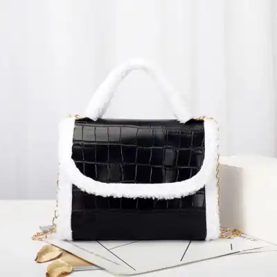 Women Plush Patchwork Crocodile Pattern Chain Crossbody Bag Soft Solid Color